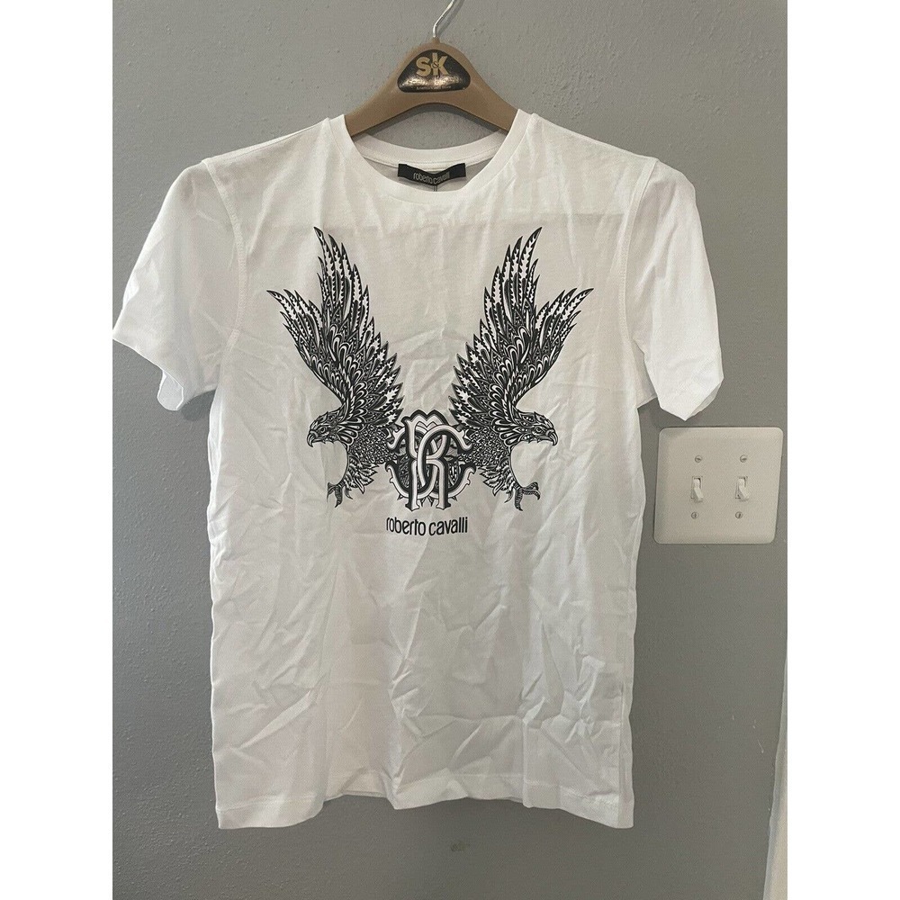 NWT Roberto Cavalli Graphic Cotton Tee Eagle Logo Sz Small White T-shirt…